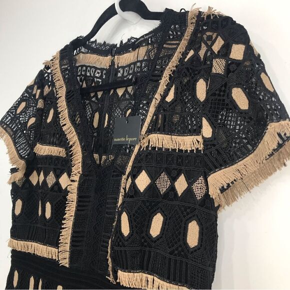 Nanette Lepore Black Tan EFFORTLESS Geo-Lace Fringed Geometric Sheath Dress - Picture 7 of 16